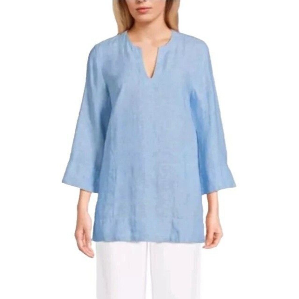 Lands' End Womens Linen Light Blue Tunic Top Size M 3/4 Sleeve Beach Lagenlook
